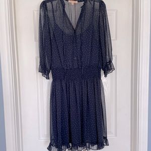 Gibson Latimer navy + white polka dot smocked waist 3/4 sleeve dress